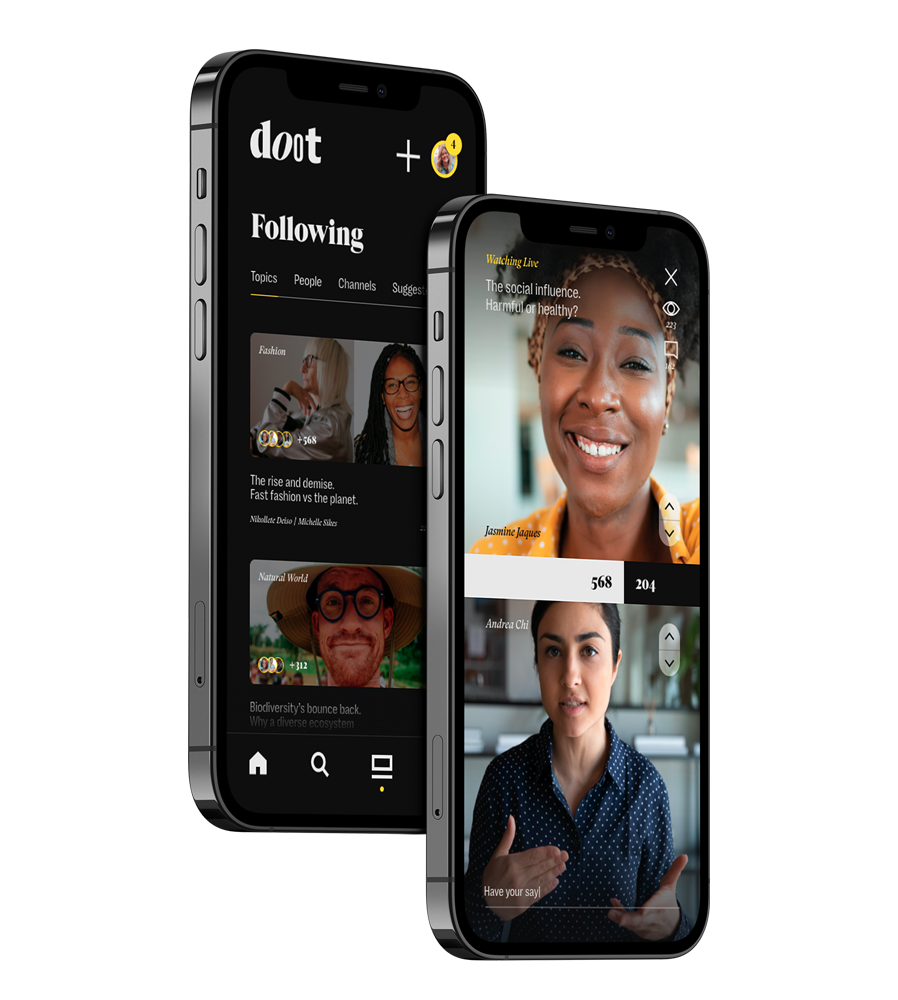 The Doot app open displaying a feed and a live video chat.